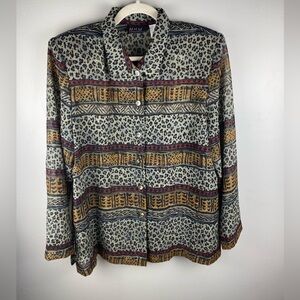Vintage 90s Women's Leopard Print Blouse Semi Sheer Crinkle Size 18